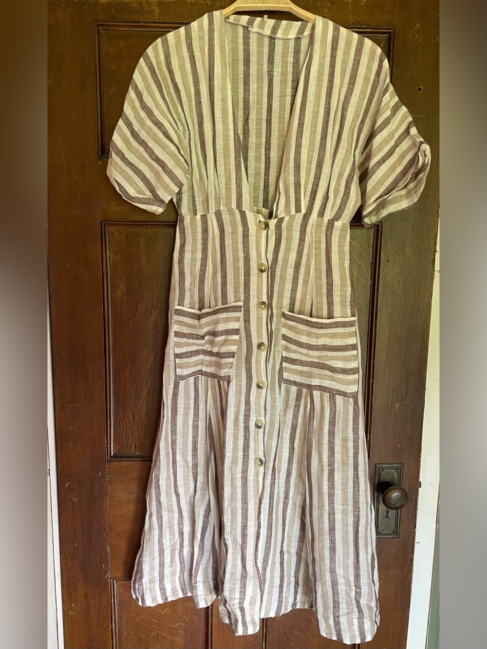 Free People Beige and White Striped Button-Front Midi Dress